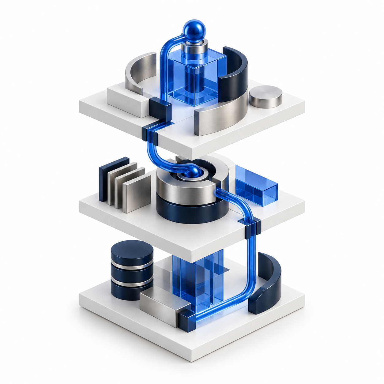 Three precise, interconnected layers form a unified system, connected by a blue conduit.