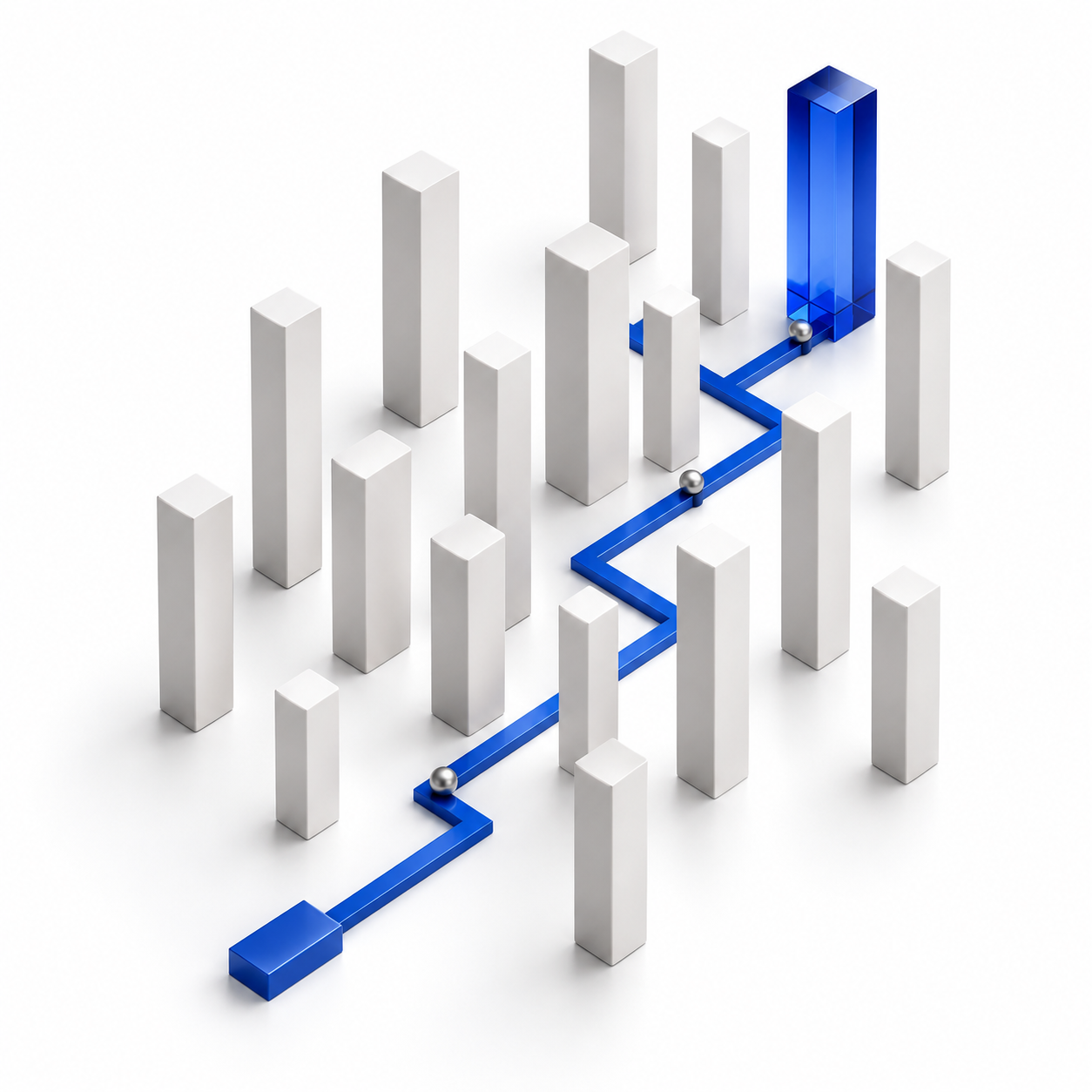 A blue path threads through a field of white structures to reach one selected blue account.